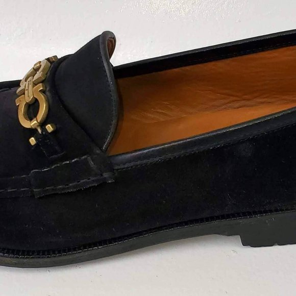Salvatore Ferragamo Black Suede Loafers with Gold Gancini Hardware main image 10